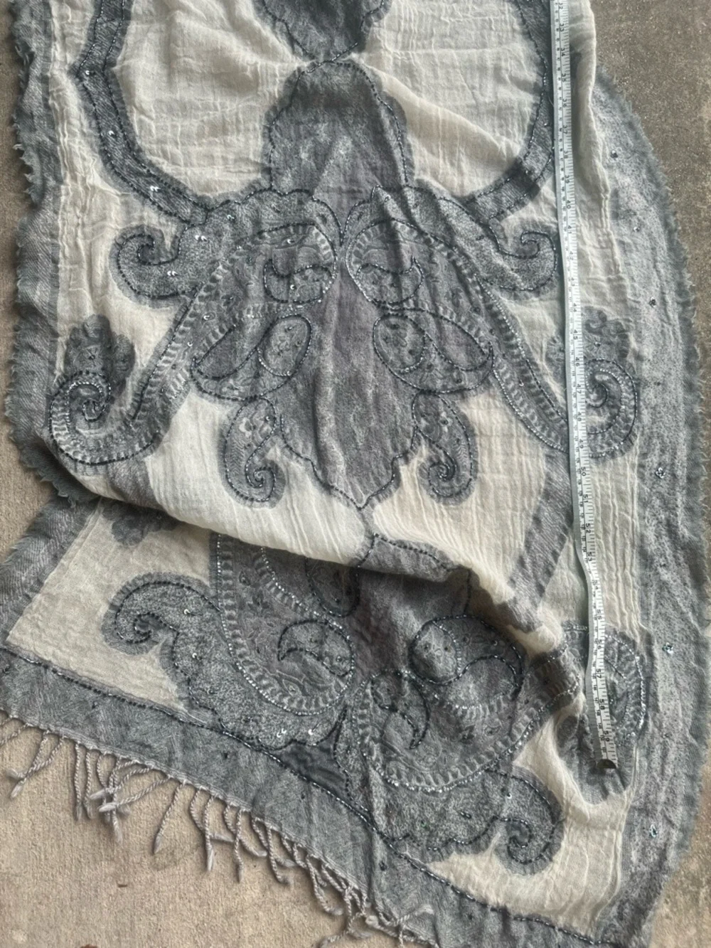 Ahujasons Gray & Cream Beaded Paisley Shawl Wrap